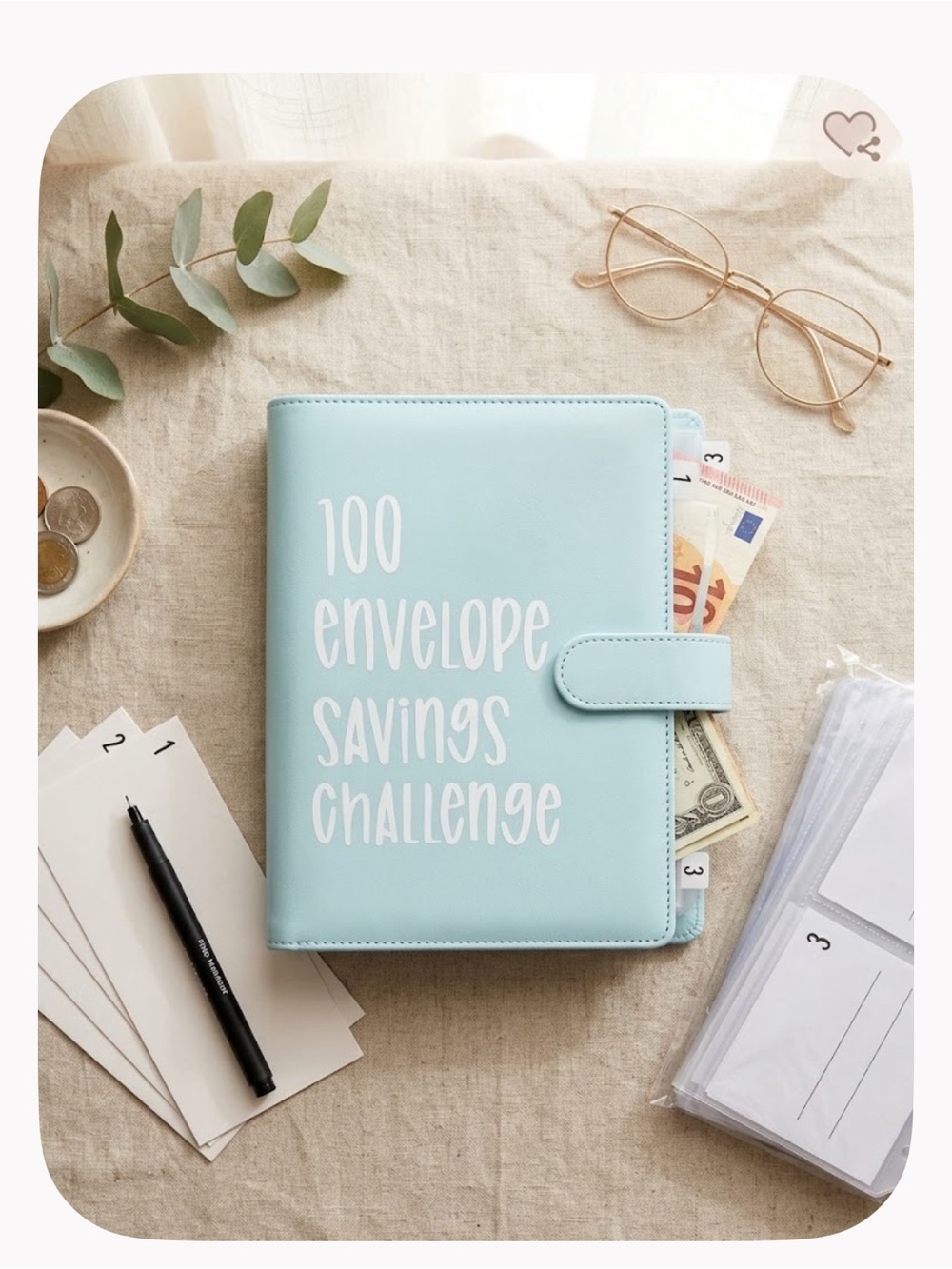 100 Envelope Savings Challenge Wallet - Light Blue